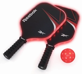 Reebok - LED Pickleball Set for 2, Includes 2 Fiberglass Paddles with 5" Cushion Grip and 2 Light-Up Balls, Perfect for Night Play (Red)