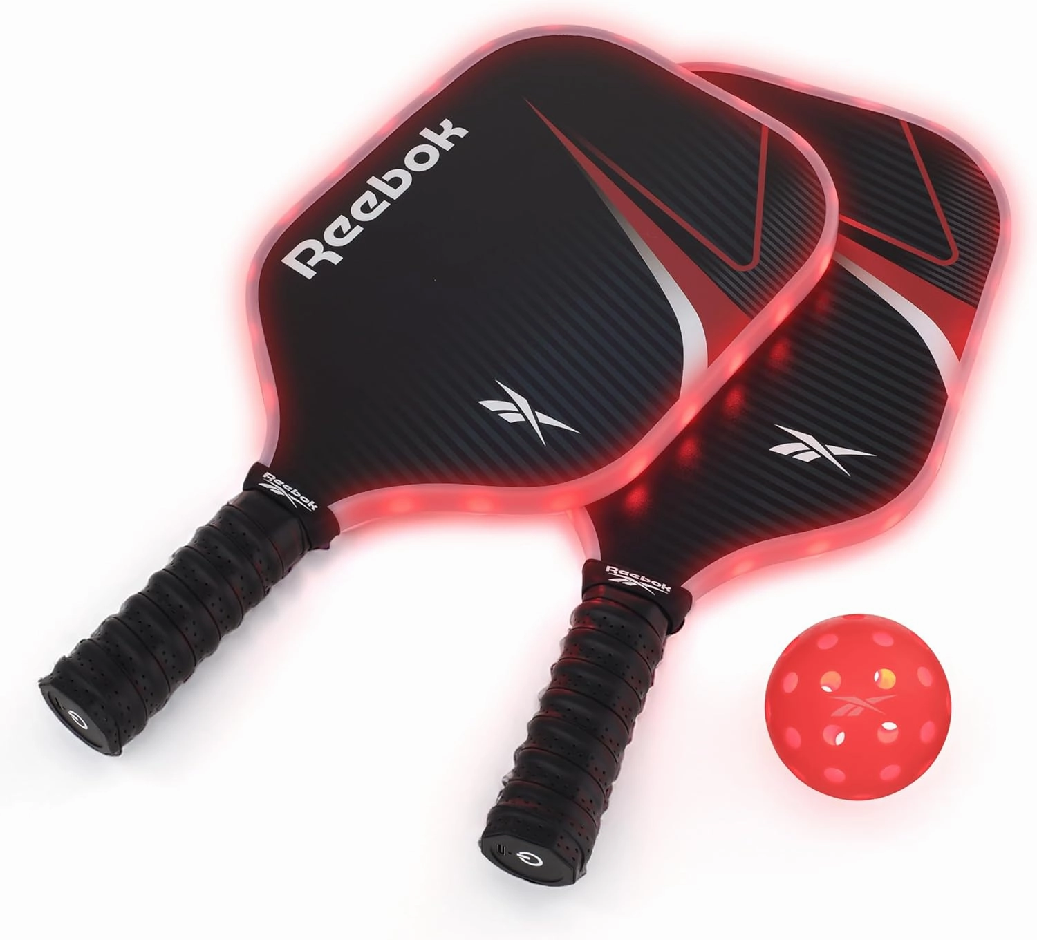 Reebok - LED Pickleball Set for 2, Includes 2 Fiberglass Paddles with 5" Cushion Grip and 2 Light-Up Balls, Perfect for Night Play (Red)