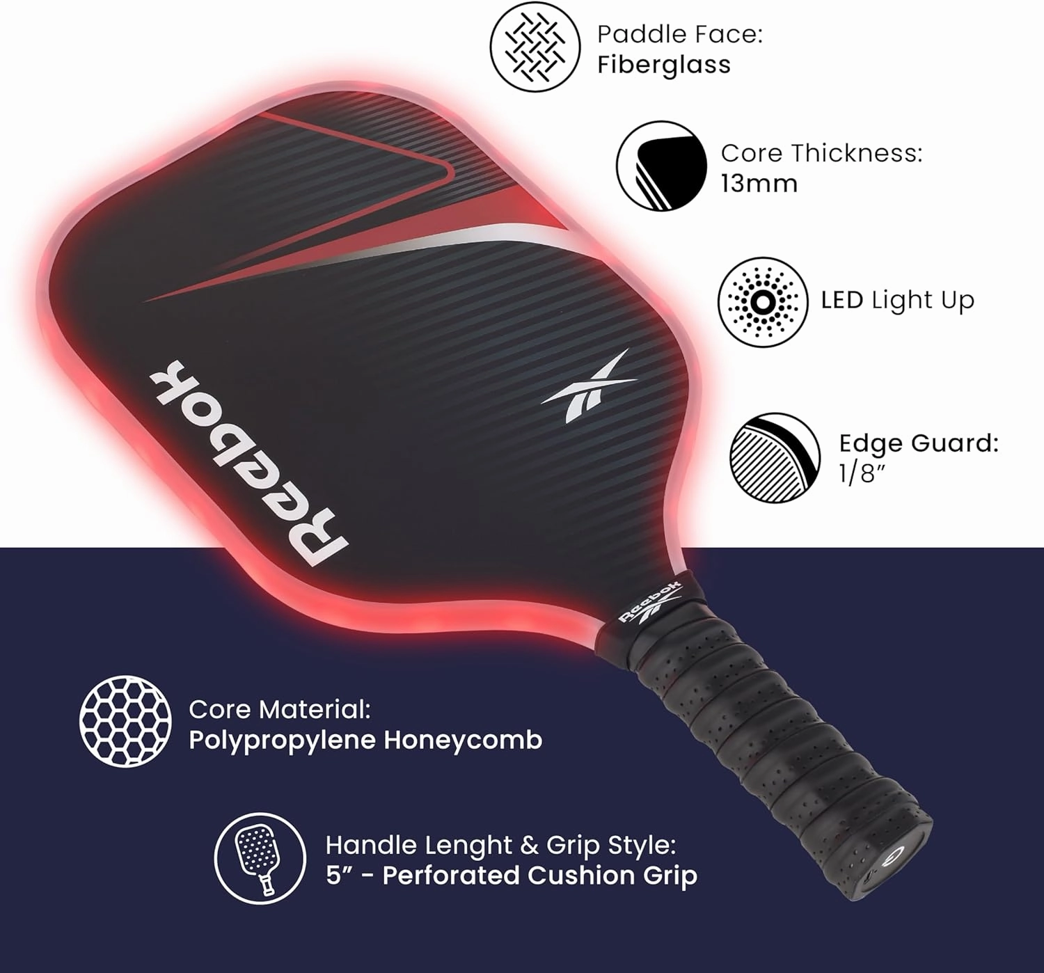 Reebok - LED Pickleball Set for 2, Includes 2 Fiberglass Paddles with 5" Cushion Grip and 2 Light-Up Balls, Perfect for Night Play (Red)