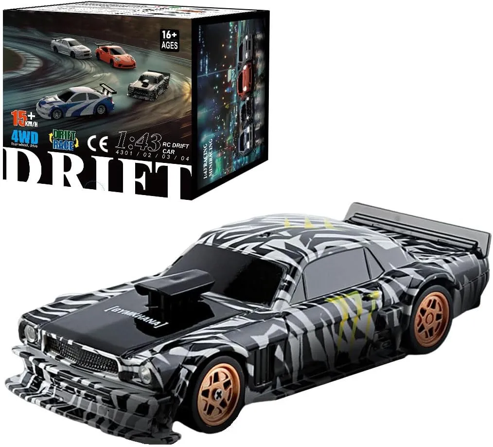 Remote Control 4WD Full Proportional Racing Drift Car Model, 1:43 Scale RC Mini Car Model with Lights and 2.4G Remote System, Perfect for Present, Ready to Run Version, Black White