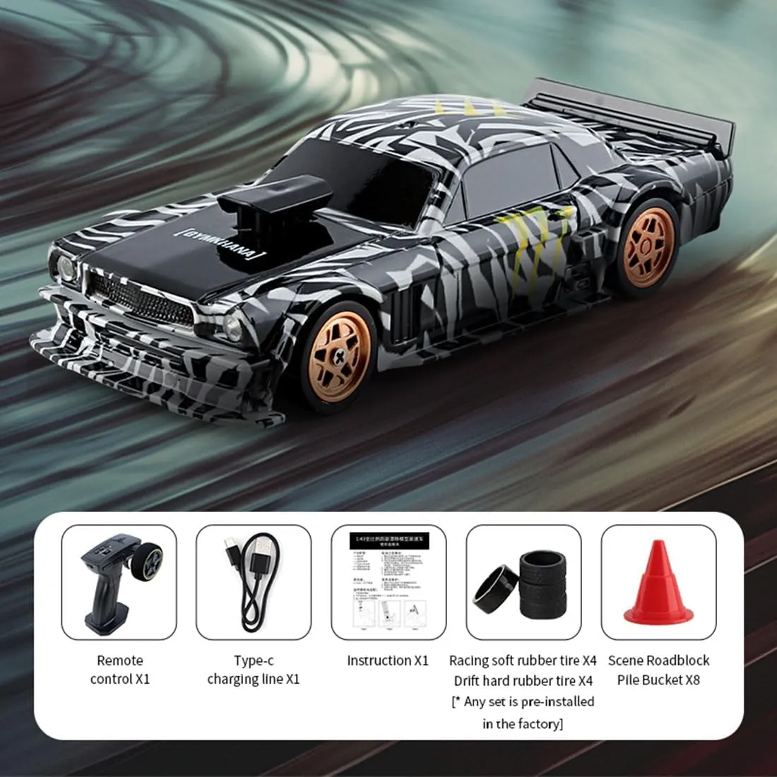Remote Control 4WD Full Proportional Racing Drift Car Model, 1:43 Scale RC Mini Car Model with Lights and 2.4G Remote System, Perfect for Present, Ready to Run Version, Black White