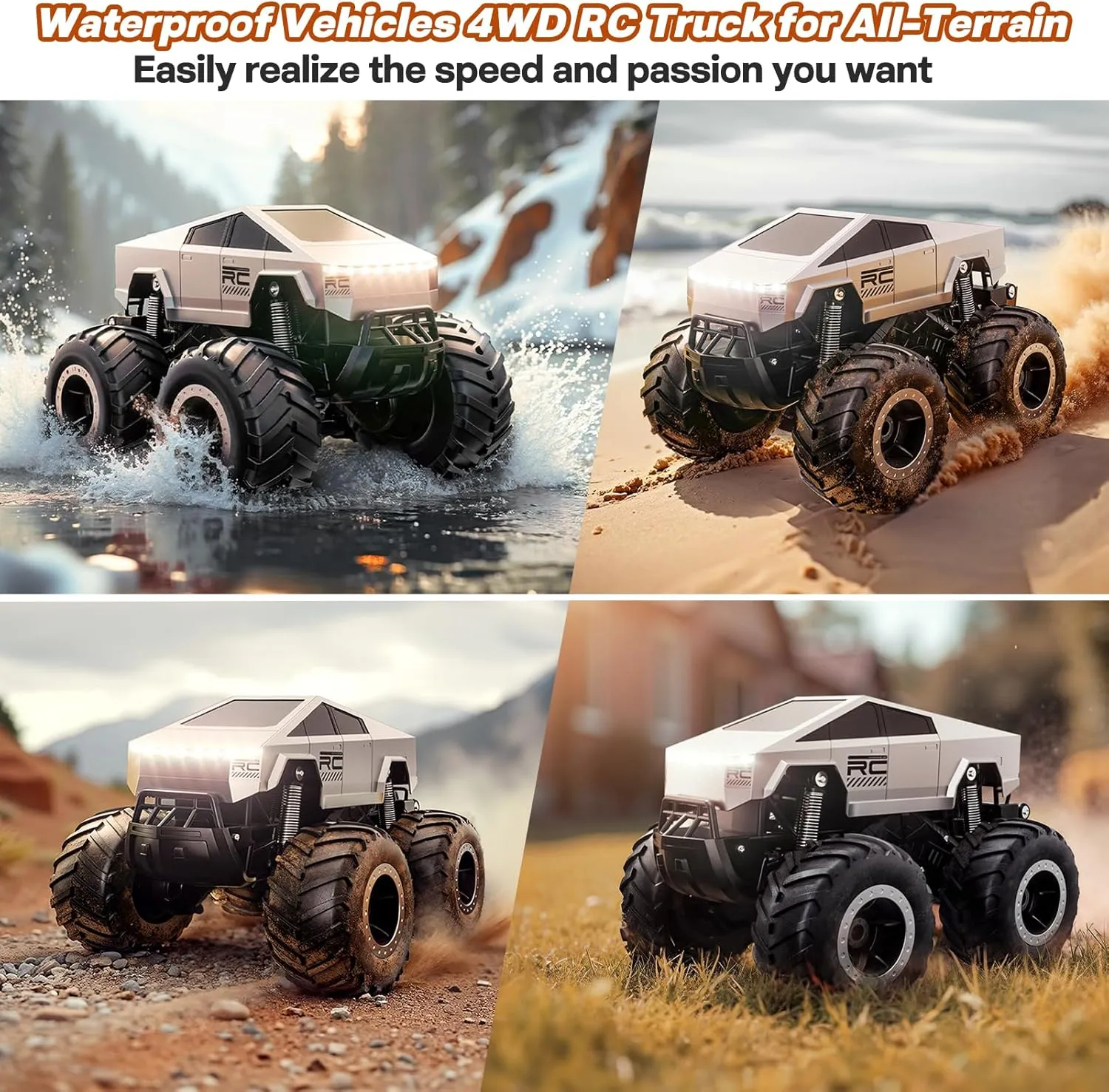 Remote Control Car Off-Road Pick-up Truck, 4WD Waterproof Cybertruck Toy RC Cars for All Terrain, 1:16 Scale Hobby Monster Truck Toys 2.4GHz Vehicles Kids Gifts for Boys/Girls Age 6 7 8 9 10-12 