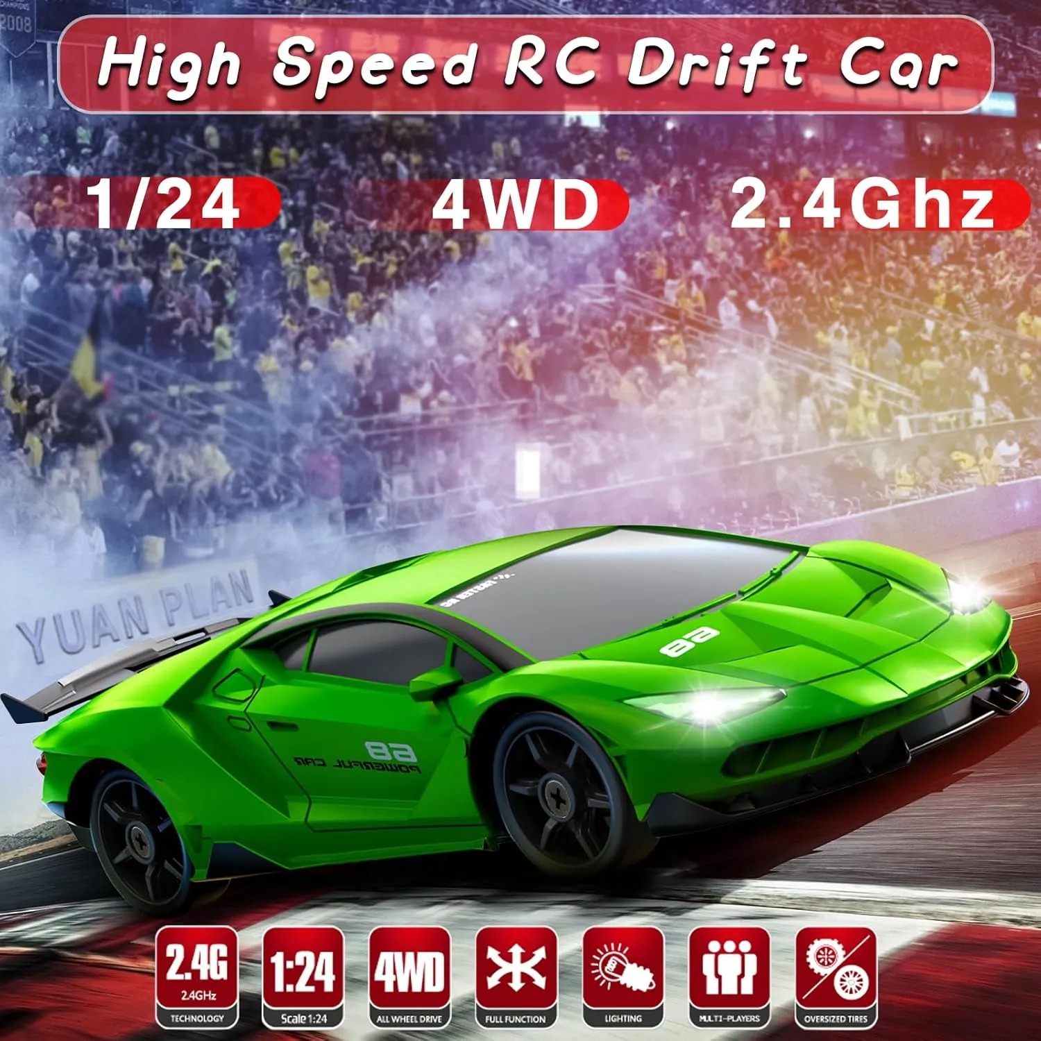 Remote Control Car RC Cars Toys for Boys, 1/24 2.4GHz 4WD RC Drift Car Racing Drift Hobby Racing Car Toys with Light Rechargeable Battery and Drift Tires Xmas Toys for Kids Green