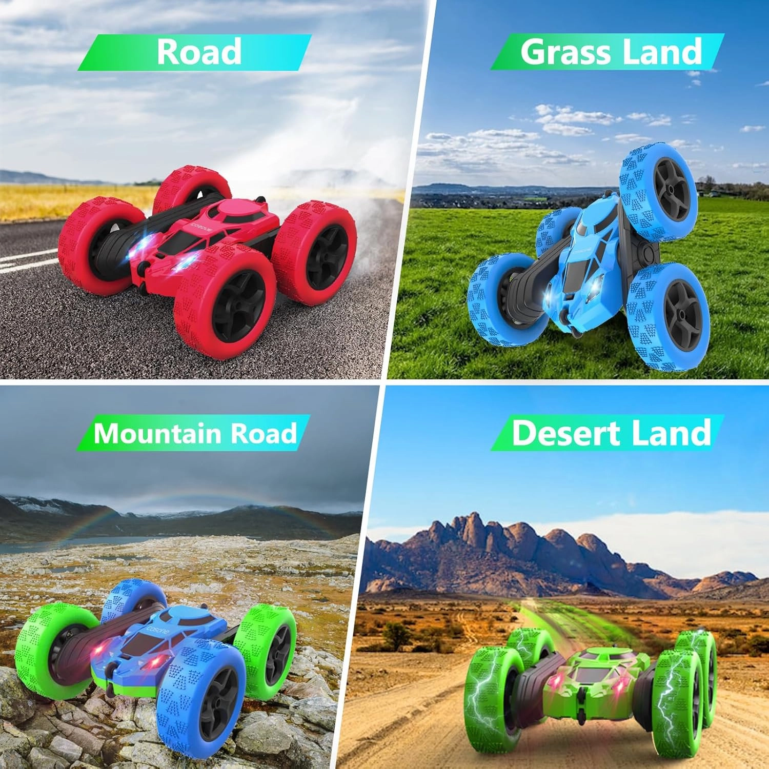 Remote Control Car - RC Car Toys for Boys - 4WD 2.4Ghz Double Sided 360° Rotating RC Cars, Birthday Gifts for Kids Age 6 7 8-12 for Boys and Girls- Green