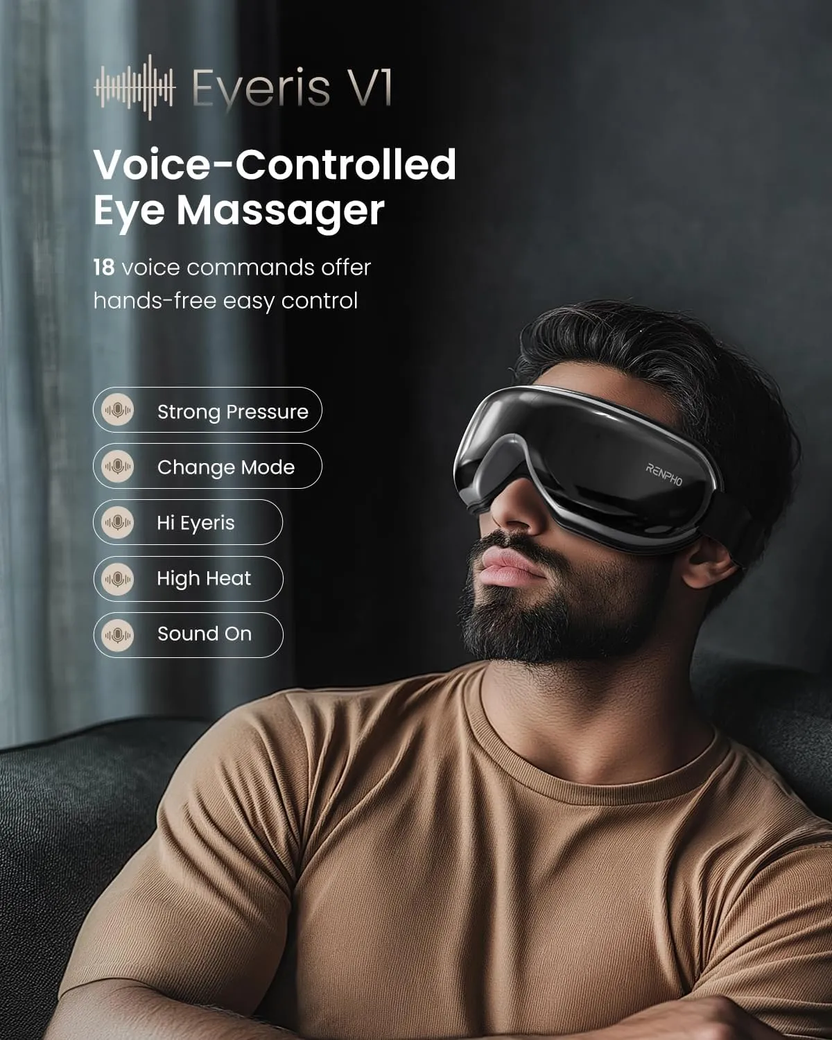 RENPHO Eye Massager with Voice, Heat, Fathers Day Birthday Gifts for Dad, Eyeris 1V Heated Eye Mask via Voice Control, FSA HSA Eligible Eye Care, Headache Massager for Migraines with Bluetooth Music
