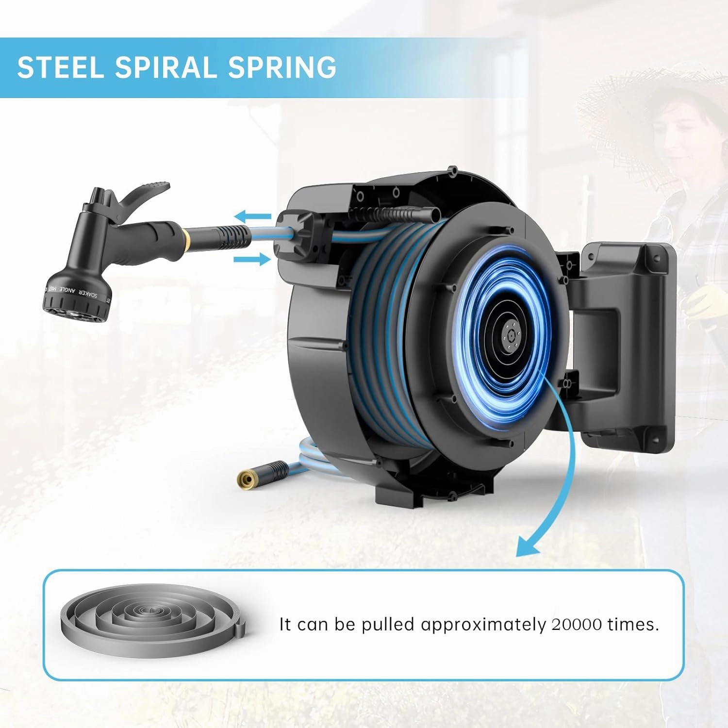 Retractable Garden Hose Reel,1/2"x 100 FT Wall Mounted Hose Reel,with 9- Function Sprayer Nozzle,Any Length Lock/Slow Return System/Wall Mounted/180°Swivel Bracket.