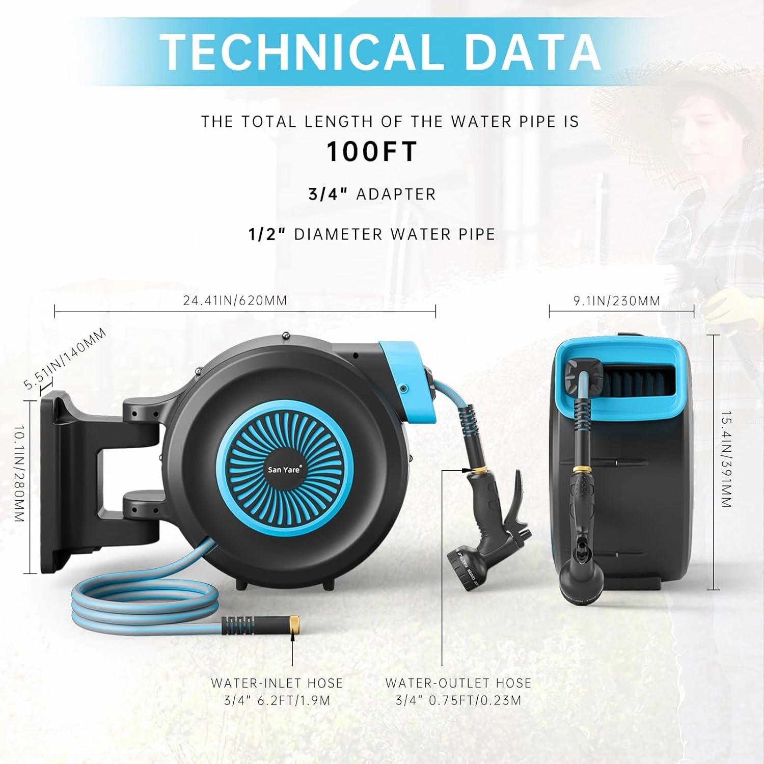 Retractable Garden Hose Reel,1/2"x 100 FT Wall Mounted Hose Reel,with 9- Function Sprayer Nozzle,Any Length Lock/Slow Return System/Wall Mounted/180°Swivel Bracket.