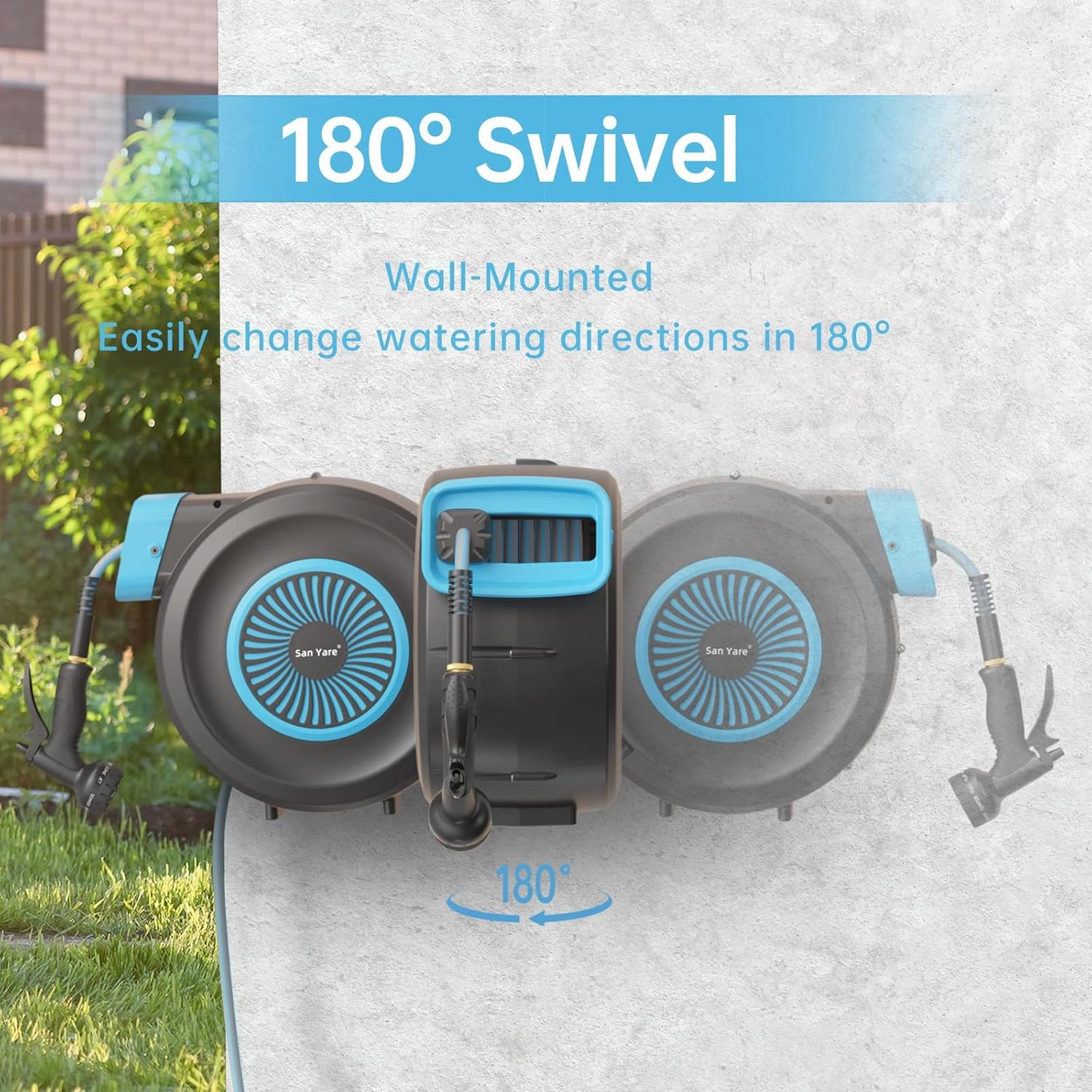 Retractable Garden Hose Reel,1/2"x 100 FT Wall Mounted Hose Reel,with 9- Function Sprayer Nozzle,Any Length Lock/Slow Return System/Wall Mounted/180°Swivel Bracket.