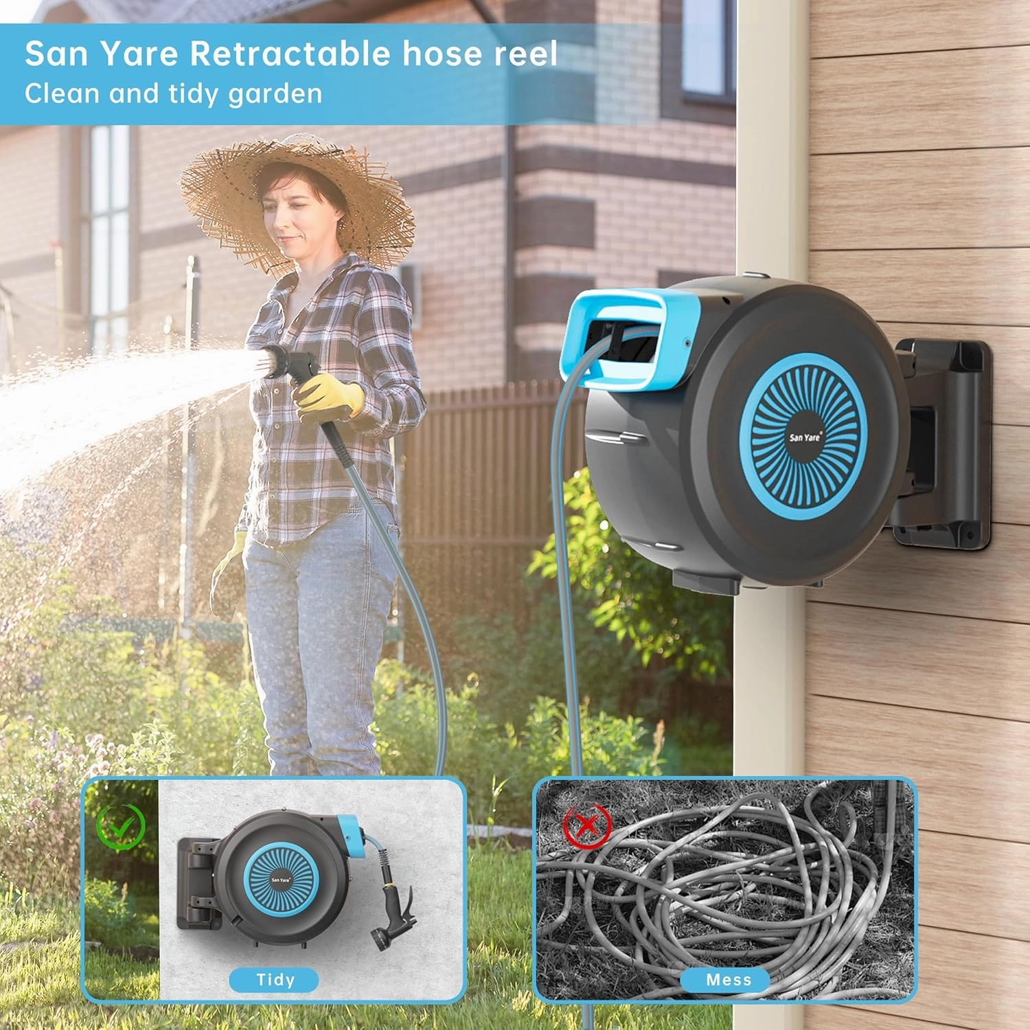 Retractable Garden Hose Reel,1/2"x 100 FT Wall Mounted Hose Reel,with 9- Function Sprayer Nozzle,Any Length Lock/Slow Return System/Wall Mounted/180°Swivel Bracket.