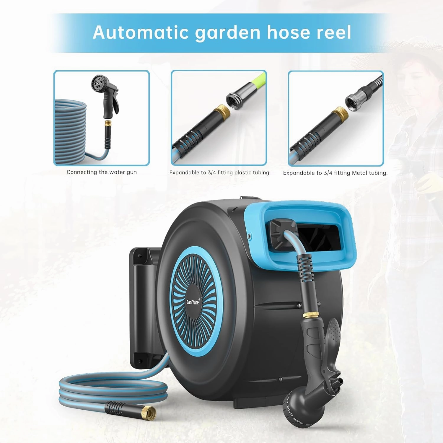 Retractable Garden Hose Reel,1/2"x 100 FT Wall Mounted Hose Reel,with 9- Function Sprayer Nozzle,Any Length Lock/Slow Return System/Wall Mounted/180°Swivel Bracket.