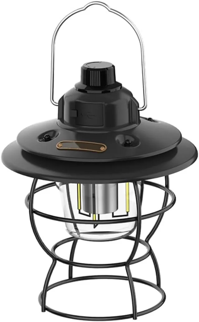 Retro Camping Light USB Rechargeable Camping Lantern Portable Tent Light for Travel Fishing Hiking Black