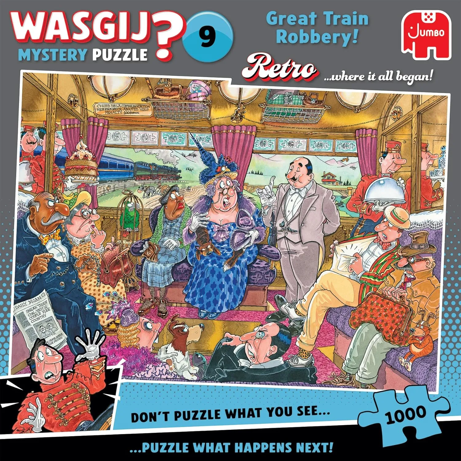 Retro Mystery 9, The Great Train Robbery - Unique 1000 Piece Jigsaw Puzzle for Adults - Colourful, Challenging & Brainteasing Adult Jigsaws - 100% Recycled Cardboard 1000Pc Puzzles - Jumbo
