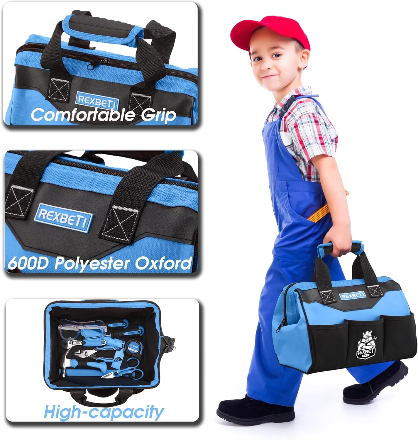 REXBETI 10-Piece Kids Tool Set with Real Hand Tools, Blue Durable Storage Bag, Children Learning Tool Kit for Home DIY and Woodworking