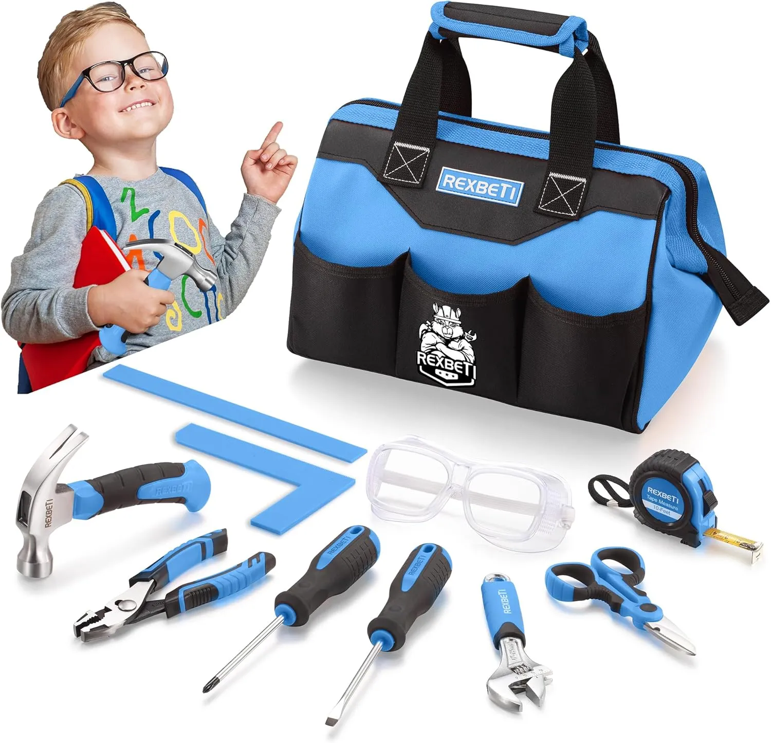REXBETI 10-Piece Kids Tool Set with Real Hand Tools, Blue Durable Storage Bag, Children Learning Tool Kit for Home DIY and Woodworking