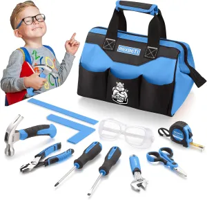 REXBETI 10-Piece Kids Tool Set with Real Hand Tools, Blue Durable Storage Bag, Children Learning Tool Kit for Home DIY and Woodworking
