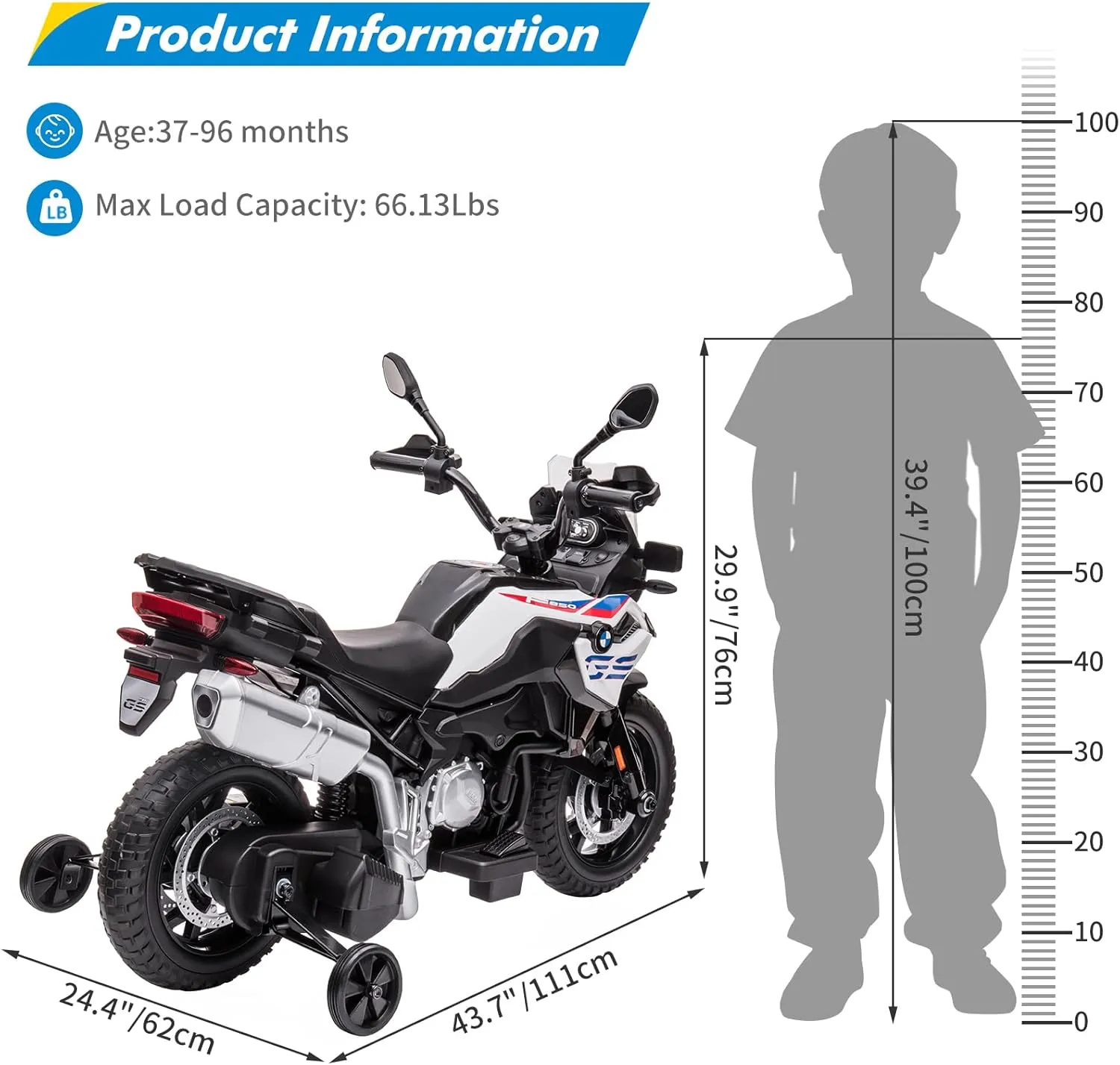 Ride On Car, Licensed BMW Kids Motorcycle, Electric Car for Kids with 12V 7AH Battery, High/Low Speed, LED Headlights, Spring Suspension, EVA Tires, Music Player, Ride-On Toy for Boys & Girls