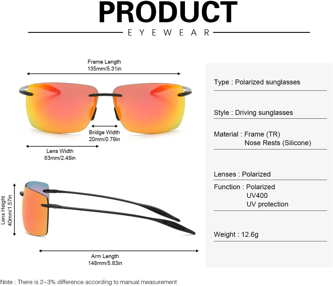 Rimless Polarized Sports Sunglasses for Men Women Driving Running Fishing Golf 100% UV Blocking Glasses Mirror Shades