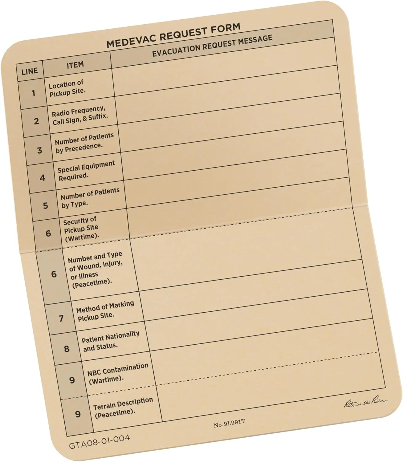 Rite in the Rain All-Weather Combat Card, 9-Line MEDEVAC, 6" x 5", 50 Weatherproof Cards (No. 9L991T)