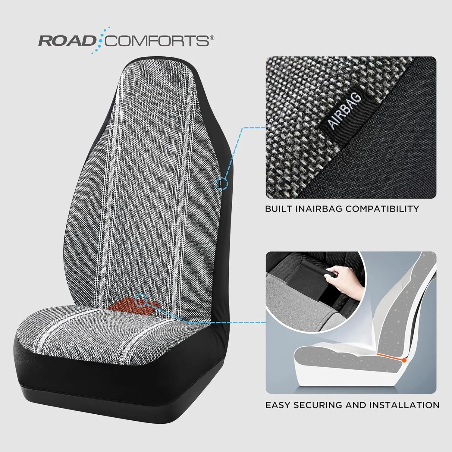 Road Comforts Baja Blanket Seat Covers Gray Diamond High Back Bucket Seat Covers - Jacquard Fabric, Airbag Compatible, Universal Fit for Cars, Trucks, SUVs, and Vans