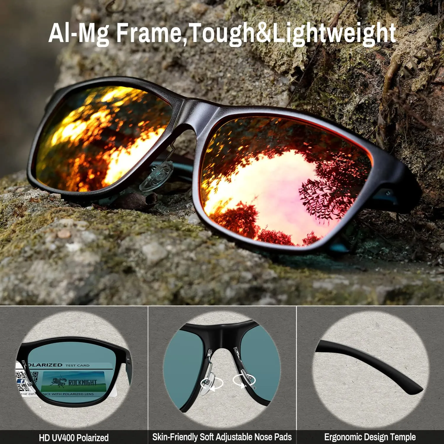 ROCKNIGHT HD Polarized Driving Sunglasses UV400 Protection Lightweight Al-Mg Metal Frame Outdoor Casual 60mm