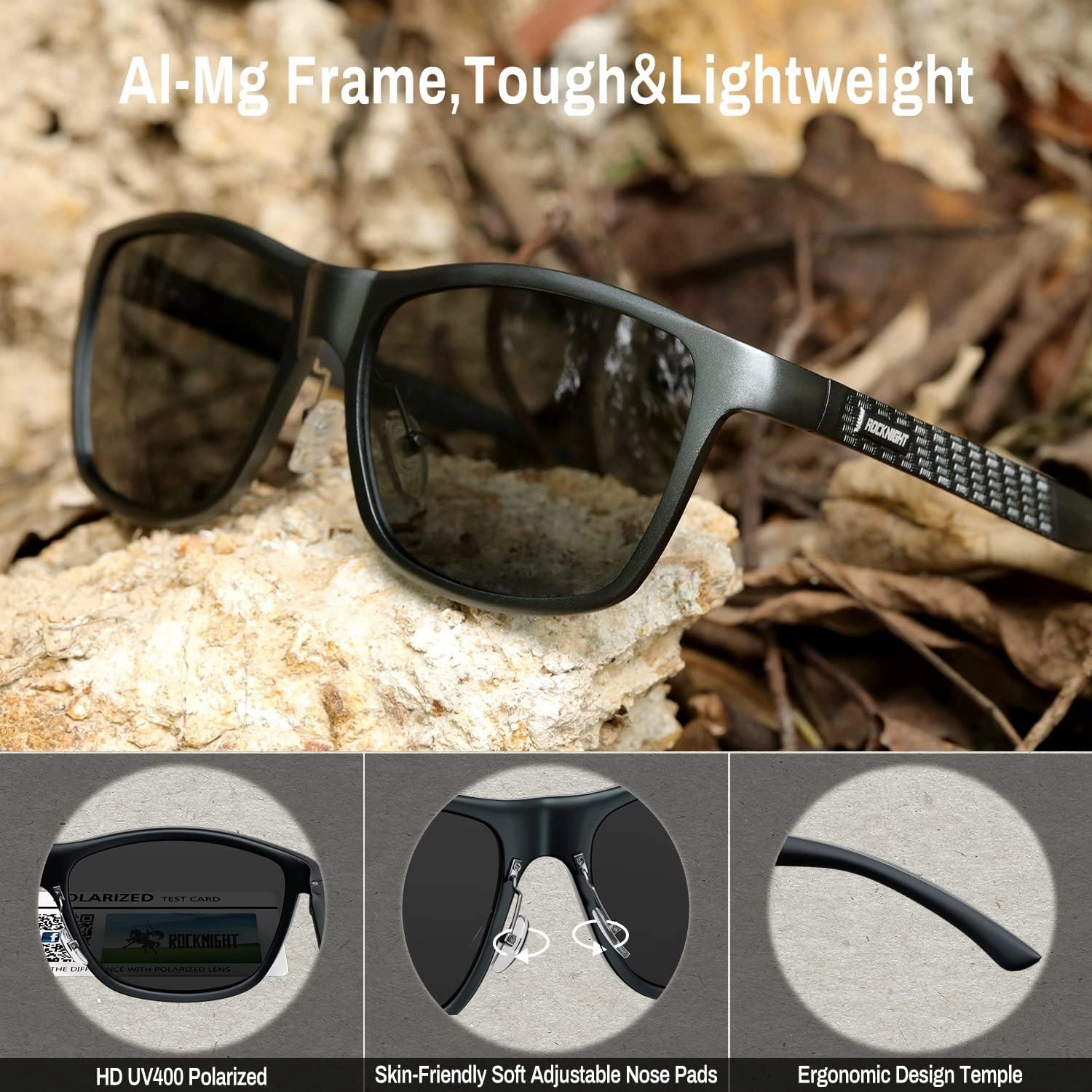 ROCKNIGHT HD Polarized Driving Sunglasses UV400 Protection Lightweight Al-Mg Metal Frame Outdoor Casual 60mm