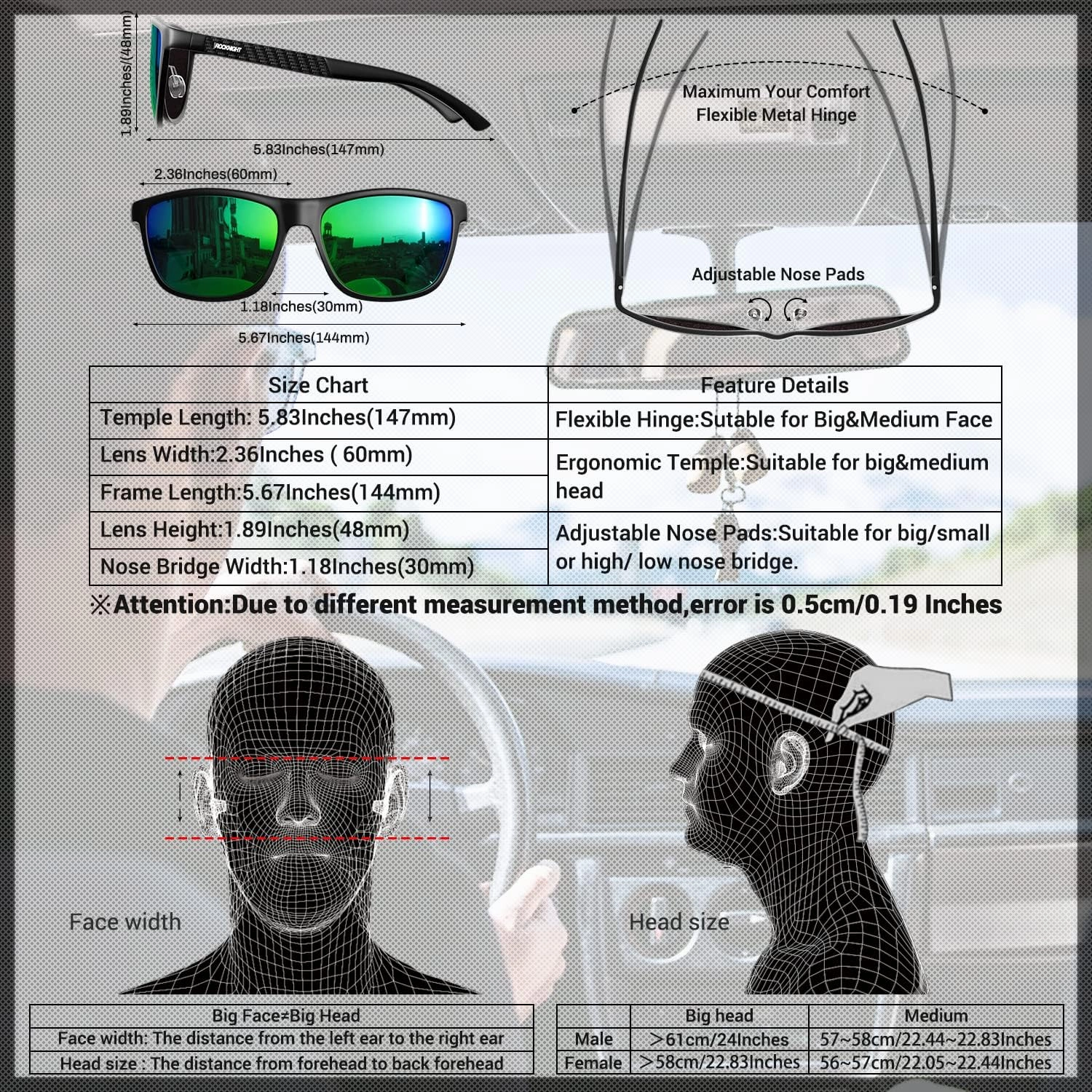 ROCKNIGHT HD Polarized Driving Sunglasses UV400 Protection Lightweight Al-Mg Metal Frame Outdoor Casual 60mm