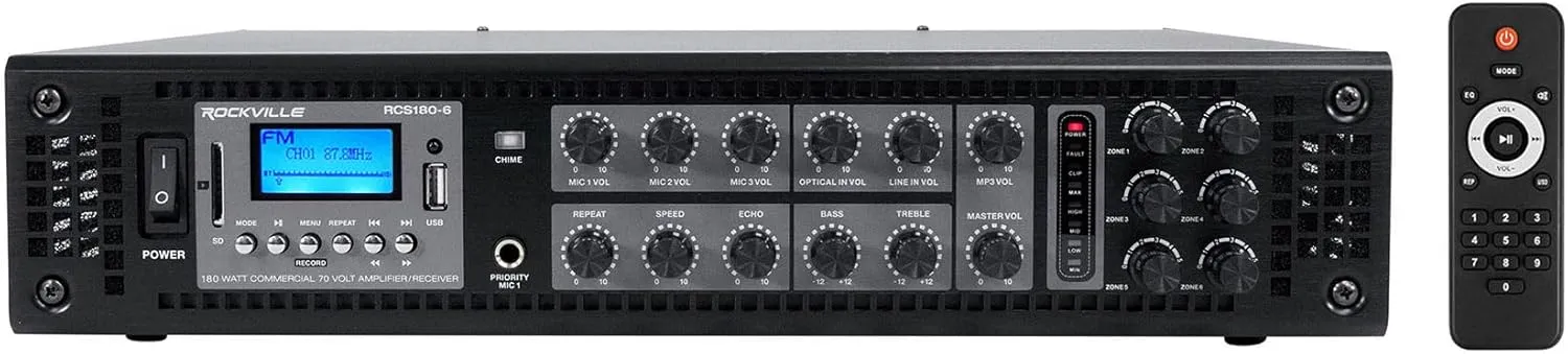 Rockville RCS180-6 180 Watt 6 Zone 70V Commercial Amplifier, Bluetooth, 3 Mic Inputs, Perfect for Restaurants, Bars, Cafs, Schools, Lounges