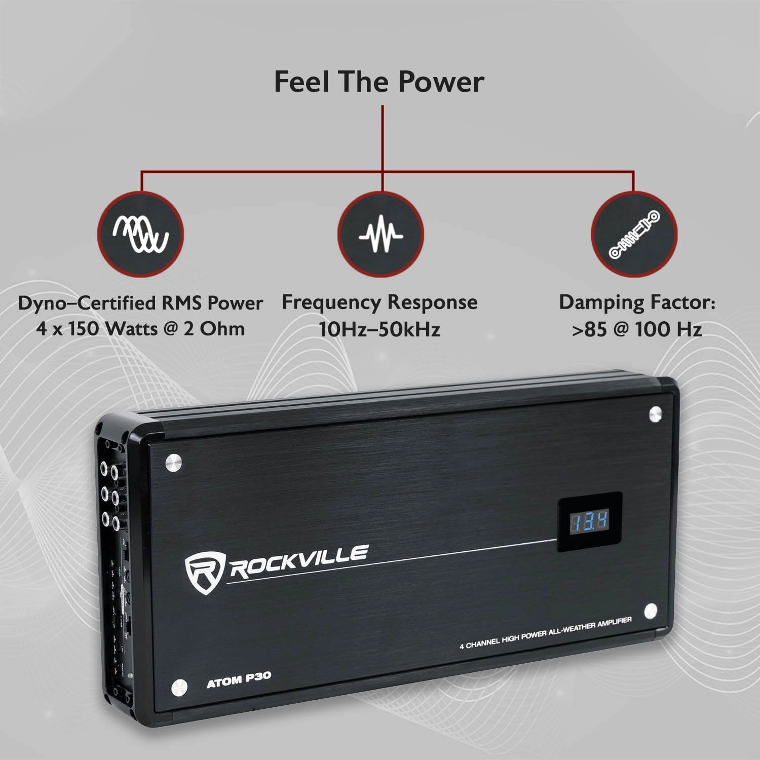 Rockville ATOM P30 2400 Watt 4-Channel Marine/ATV/Car Amplifier Amp Volt Meter