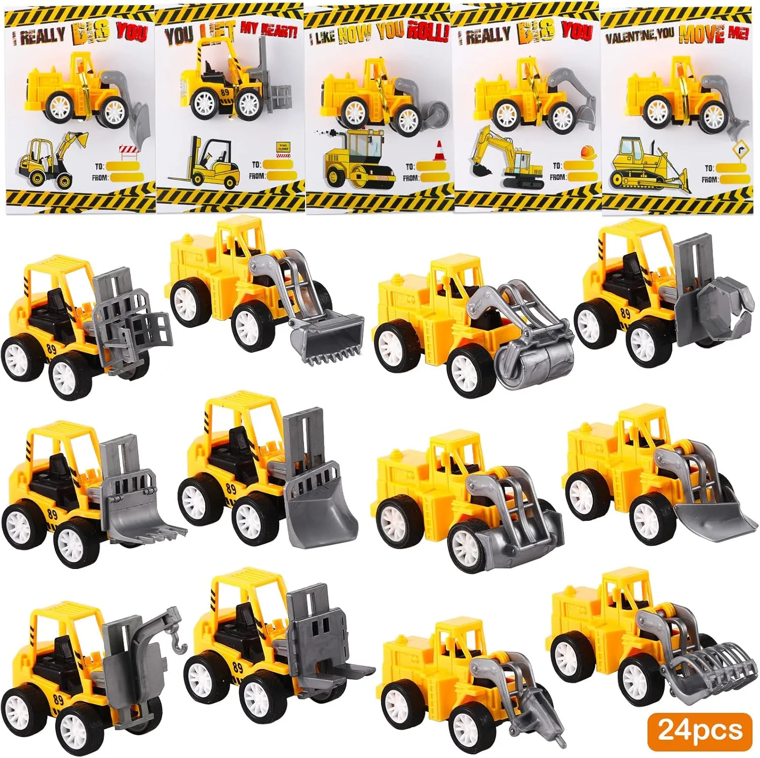 Roowest 24 Set Construction Vehicle Valentine‘s Day Cards with Pull Back Construction Toys with Valentine‘s Day Greeting Cards for Girls Boys Classroom Exchange Gifts Party Favors