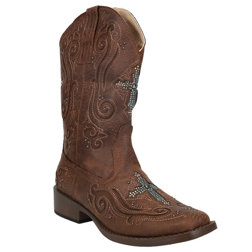 ROPER Womens Faith Rhinestone Square Toe Casual Boots Mid Calf Low Heel 1-2" - Brown - Size 11 B