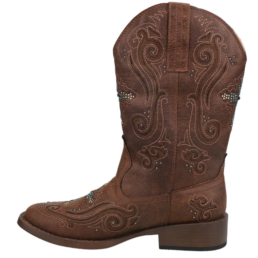 ROPER Womens Faith Rhinestone Square Toe Casual Boots Mid Calf Low Heel 1-2" - Brown - Size 11 B