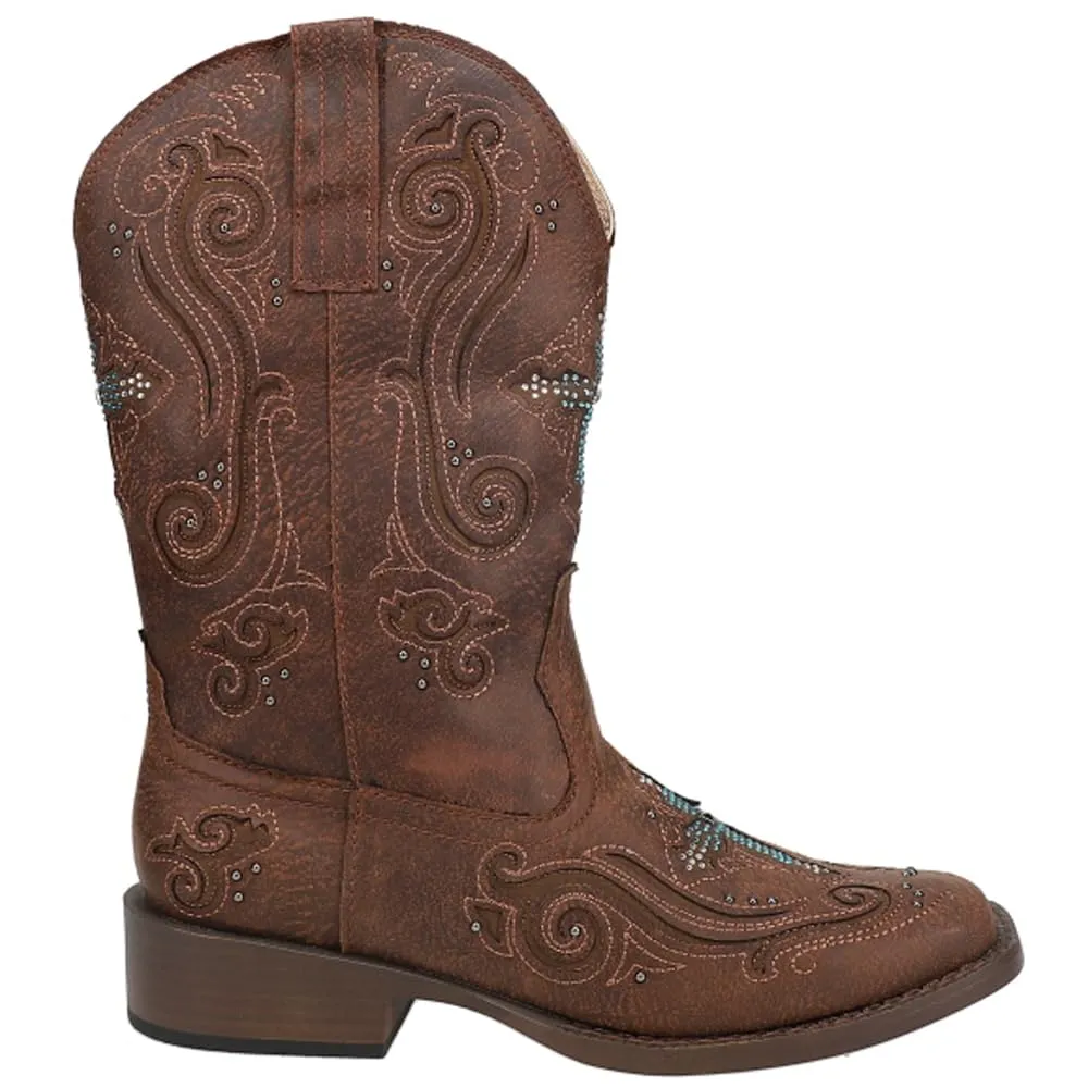 ROPER Womens Faith Rhinestone Square Toe Casual Boots Mid Calf Low Heel 1-2" - Brown - Size 8.5 B