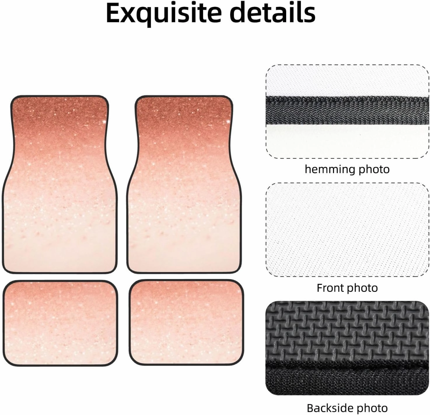 Rose Gold Faux Glitter Universal Car Floor Mats, Car Foot Mat Set of 4 Pieces, Automotive Front Rear Floor Foot Mats, Anti-Slip Neoprene Car Floor Rugs,for Suvs, Sedans, Van, Trucks