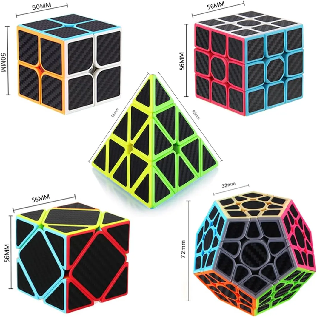 Roxenda Speed Cube Set, [5 Pack] Magic Cube Bundle of 2x2 3x3 Skew Megaminx Cube and Pyramid Cube Smoothly Speed Cubes Collection for Kids Teens & Adults (Carbon Fiber)