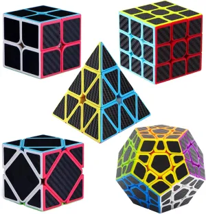 Roxenda Speed Cube Set, [5 Pack] Magic Cube Bundle of 2x2 3x3 Skew Megaminx Cube and Pyramid Cube Smoothly Speed Cubes Collection for Kids Teens & Adults (Carbon Fiber)
