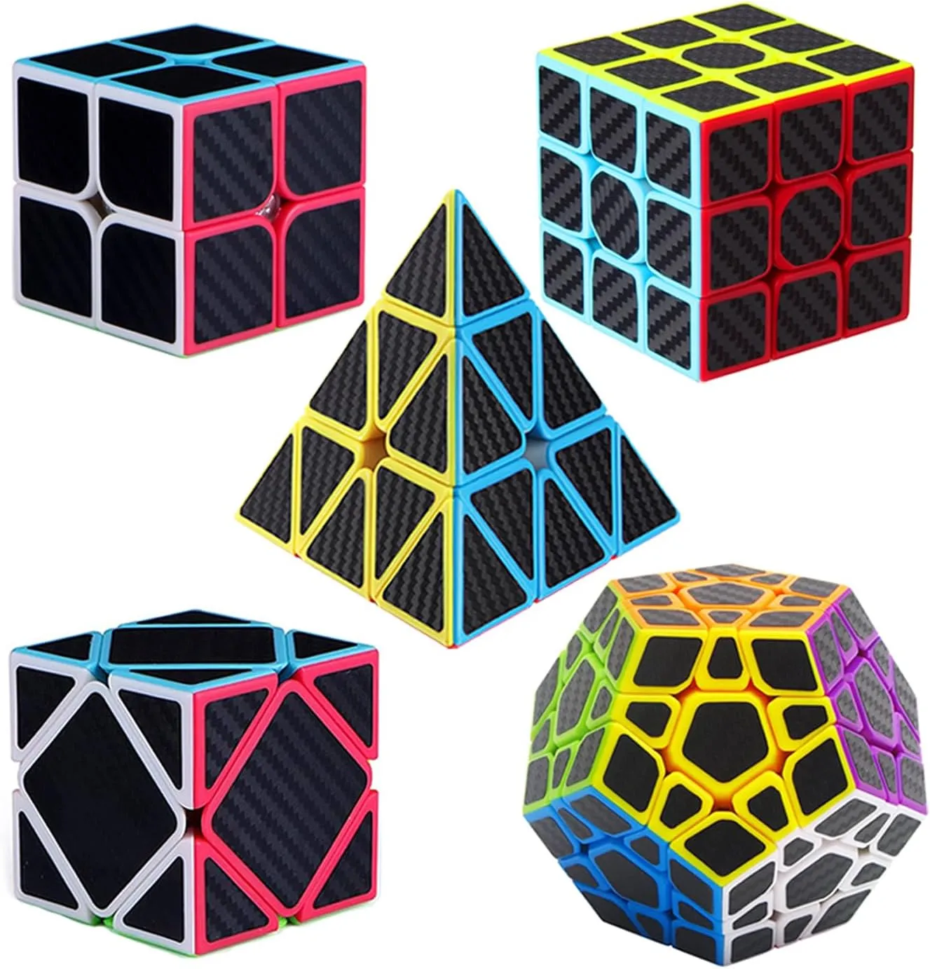 Roxenda Speed Cube Set, [5 Pack] Magic Cube Bundle of 2x2 3x3 Skew Megaminx Cube and Pyramid Cube Smoothly Speed Cubes Collection for Kids Teens & Adults (Carbon Fiber)