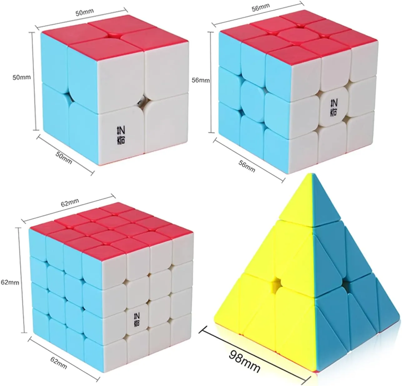 Roxenda Speed Cube Set, Speed Cube Bundle of 2x2 3x3 4x4 and Pyramid Cube Smoothly Stickerless Magic Cubes Collection for Kids Teens & Adults [4 Pack] (Stickerless)