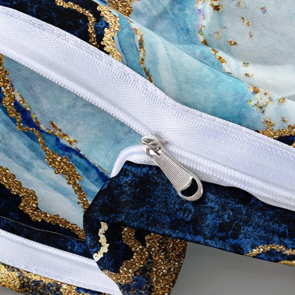 Royal Blue Marble Duvet Cover Set King Size Sequin Gold Bedding Comforter Covers with 2 Pillow Shams Breathable Durable Soft Comfy