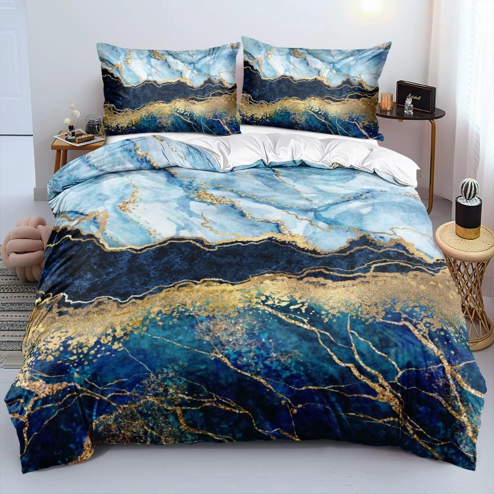 Royal Blue Marble Duvet Cover Set King Size Sequin Gold Bedding Comforter Covers with 2 Pillow Shams Breathable Durable Soft Comfy