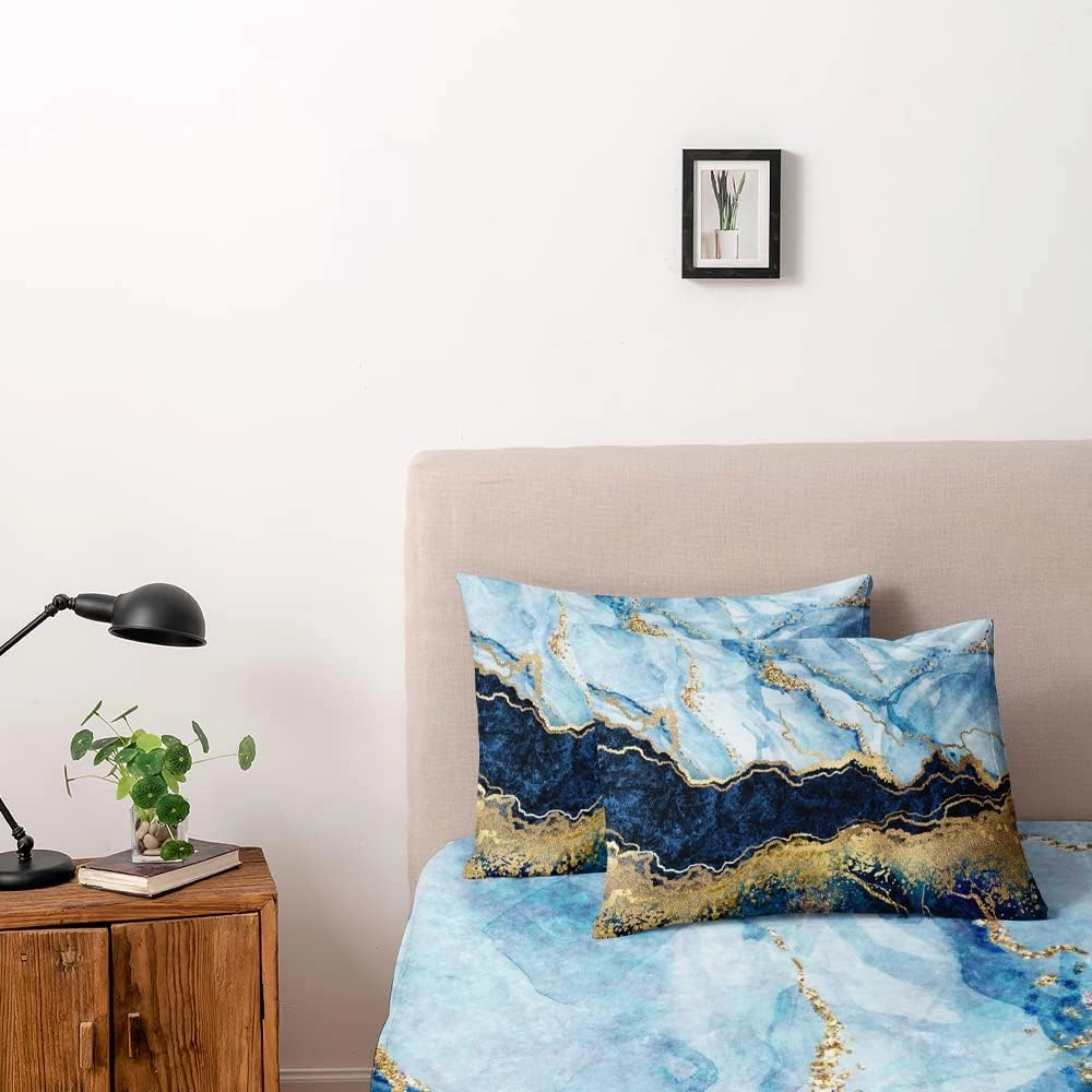 Royal Blue Marble Duvet Cover Set King Size Sequin Gold Bedding Comforter Covers with 2 Pillow Shams Breathable Durable Soft Comfy