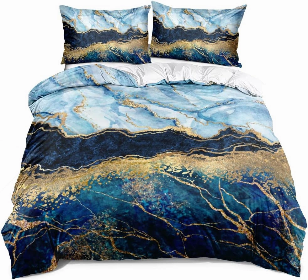 Royal Blue Marble Duvet Cover Set King Size Sequin Gold Bedding Comforter Covers with 2 Pillow Shams Breathable Durable Soft Comfy