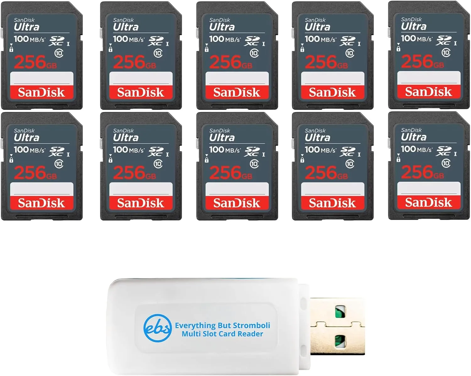 SanDisk 100MB/s SD Ultra 256GB Class 10 SDXC Memory Card SDSDUNR-256G-GN3IN - Bundle with 1 Everything But Stromboli Multi-Slot Memory Card Reader