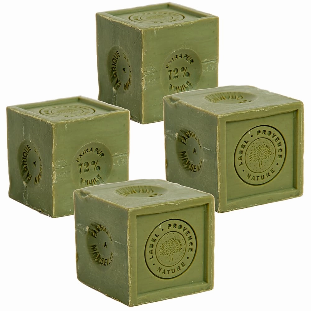 Savon De Marseille - French Soap Cube Made with 72% Pure Organic Olive Oil - Suitable for all Skin Types -Nourishing Body and Hand Wash - 10.6oz Cube - set of 4
