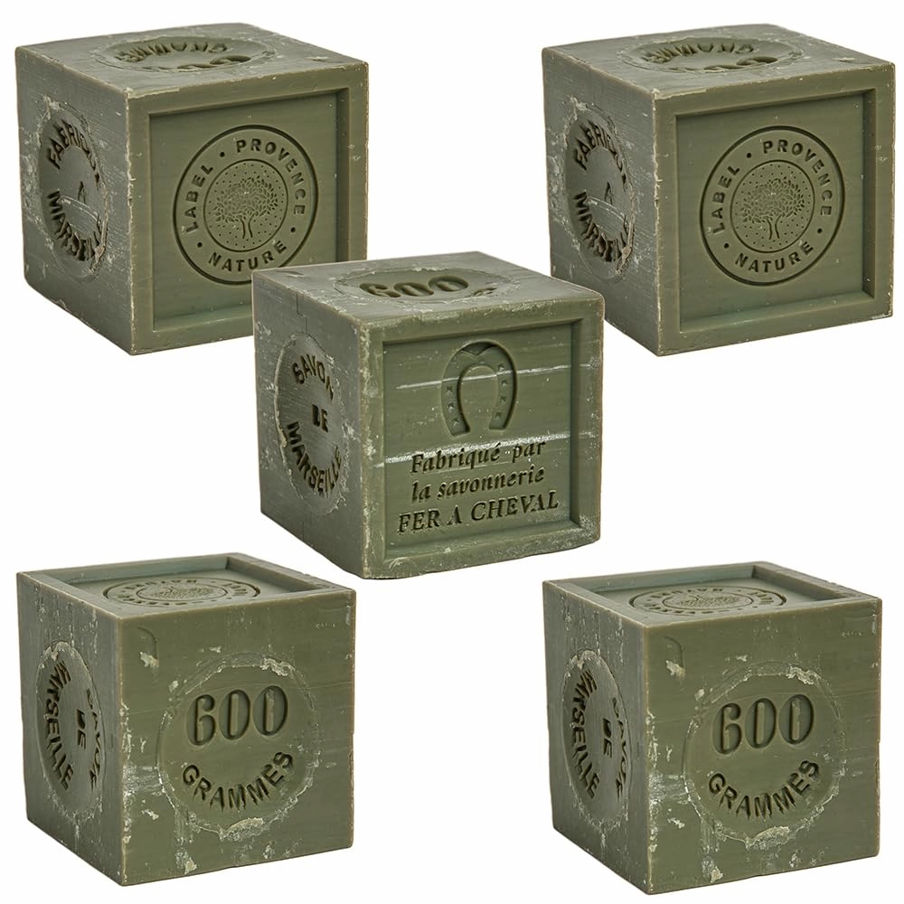 Savon De Marseille - French Soap Made with 72% Pure Organic Olive Oil - Suitable for all Skin Types - Body and Hand Wash - Moisturising and Nourishing - 21.2 oz Cube - Set of 5