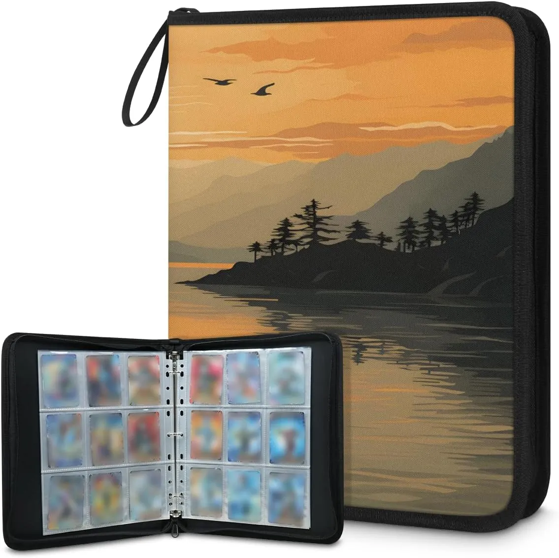 Scenic Sunset 3 Ring Trading Zipper Binder Strap, Trading Card Binder 4 Pocket, 400 Pockets Card Holder with 50 Removable Sleeves for Game Cards