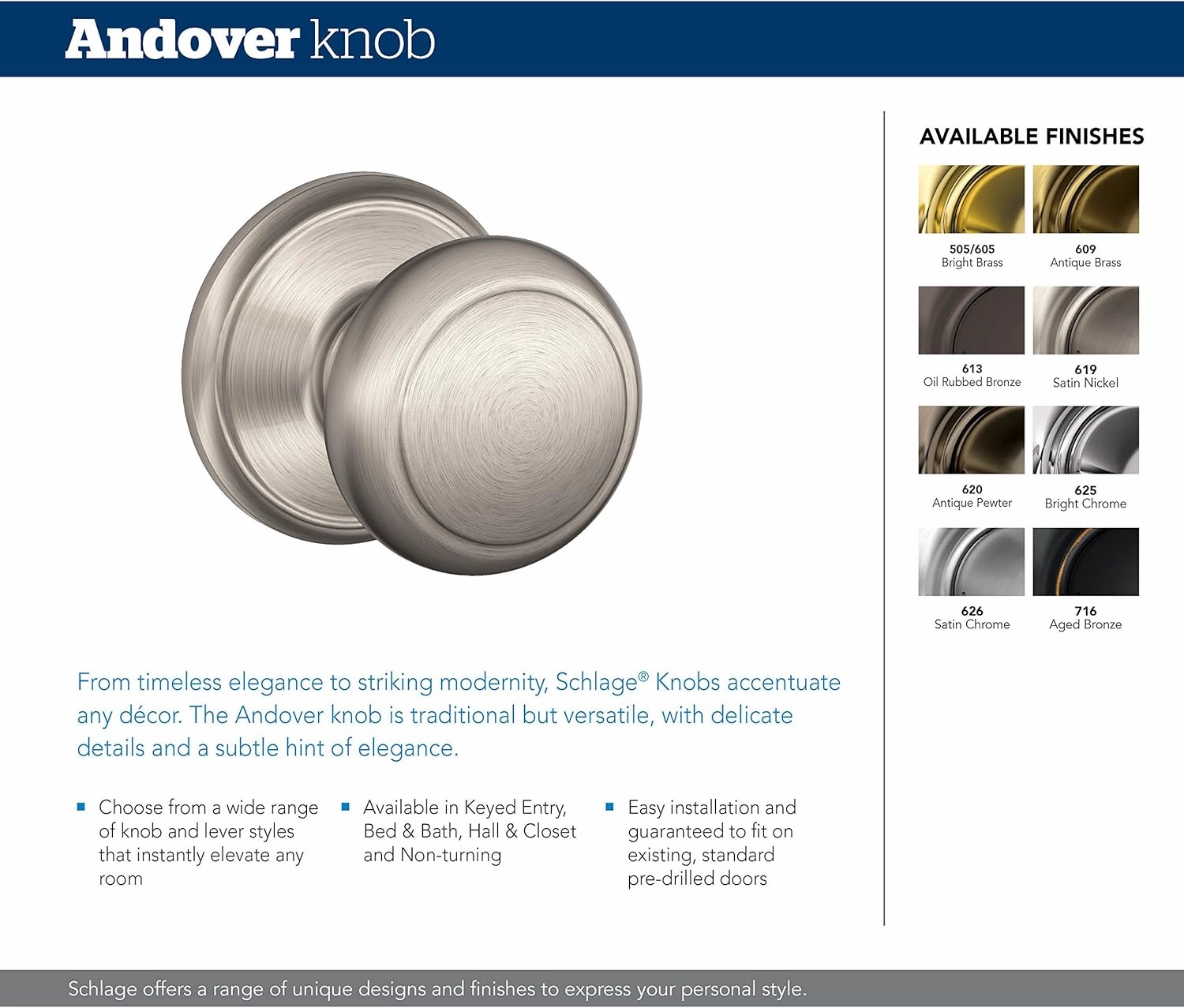 SCHLAGE Andover Knob with Wakefield Trim Non-Turning Lock, Satin Chrome (F170 AND 626 WKF)