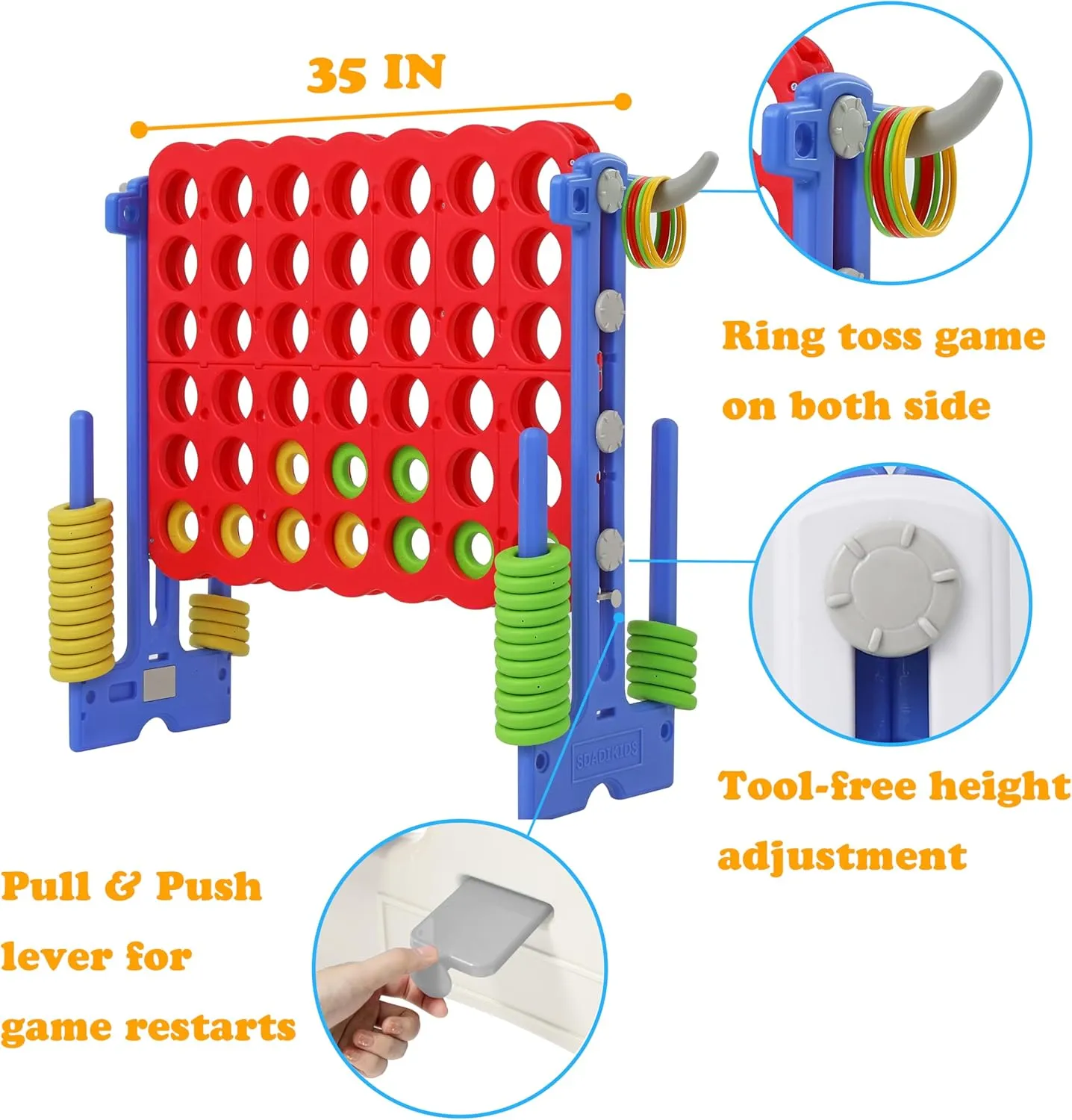 SDADI Height Adjustable Giant 4 in a Row Connect Game, 2-in-1 Jumbo 4-to-Score Game with Ring Toss Game Set, Indoor Outdoor Yard Game Party Game for Kids Adults and Family, Blue