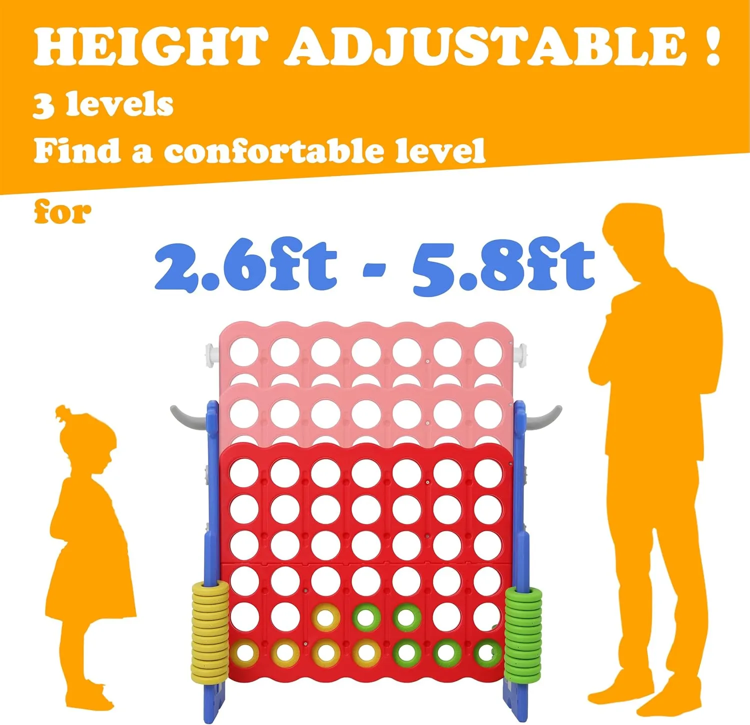 SDADI Height Adjustable Giant 4 in a Row Connect Game, 2-in-1 Jumbo 4-to-Score Game with Ring Toss Game Set, Indoor Outdoor Yard Game Party Game for Kids Adults and Family, Blue