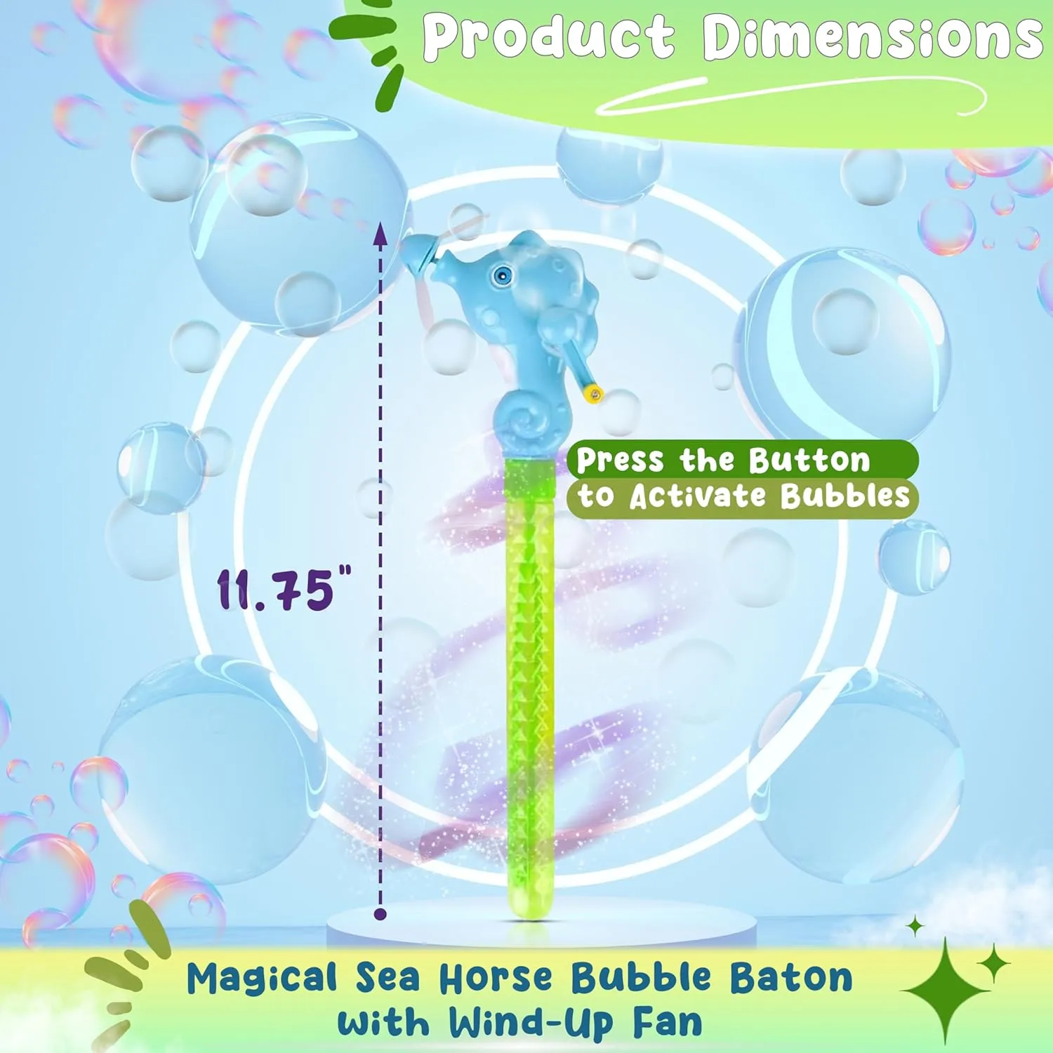 Sea Horse Bubble Baton with Wind-Up Fan – Forest & Twelfth Big Bubble Wand for Kids, Bubble Blower Toy for Endless Bubble Fun, Sea Life Bubble Wands for Kids Parties and Outdoor Play (Pack of 4)