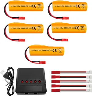 sea jump 5PCS 3.7V 3000mAh Li-ion Battery with JST Plug and 5in1 Charger for HJ819 DE819 RC Ship Huina 1337 1338 1516 1517 1552 1554 1558 RC Engineering Vehicle Drifting Car Truck Off-Road Racing Car